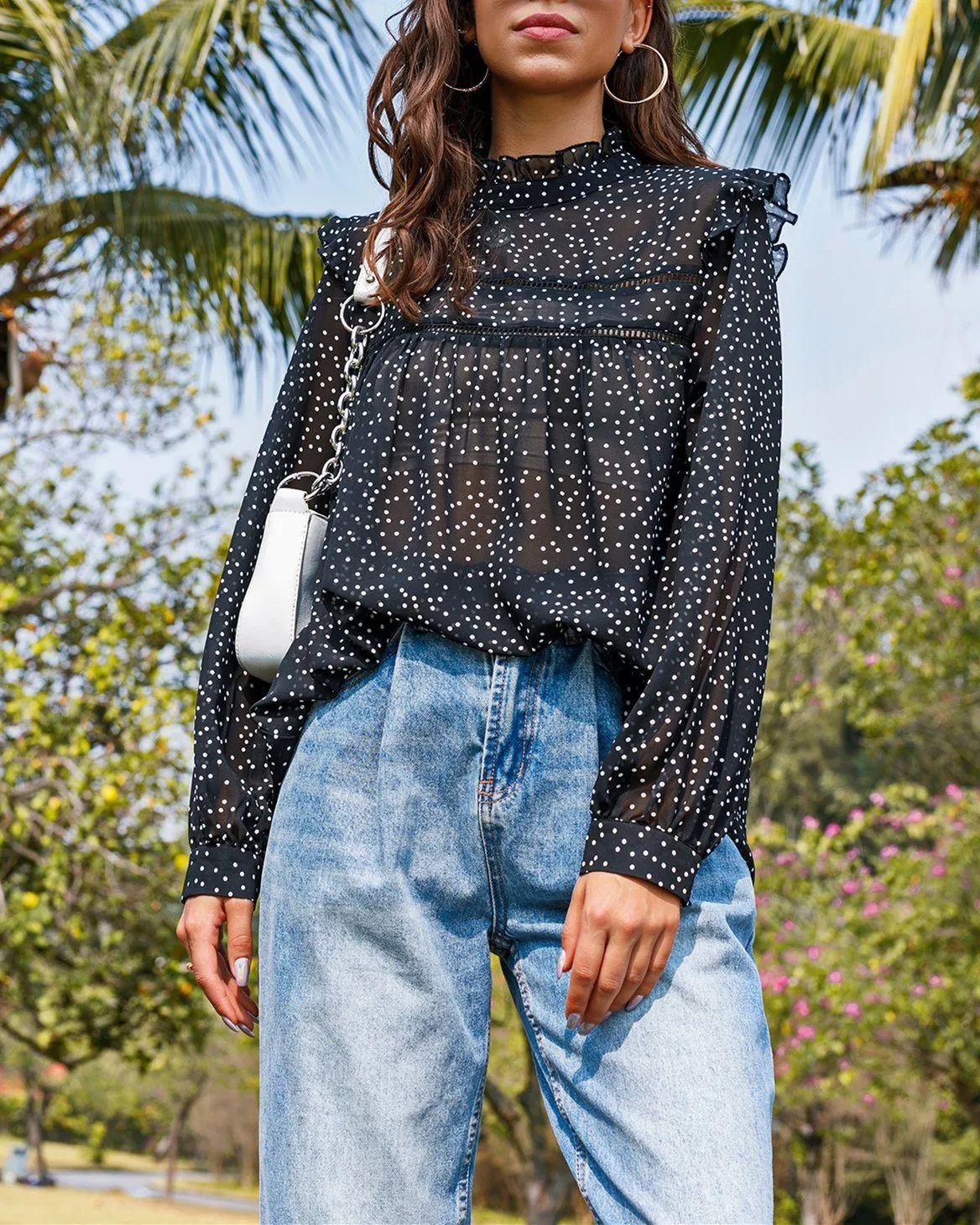 Magical Spot Polka Dot Print Chiffon Pleated Top - Black