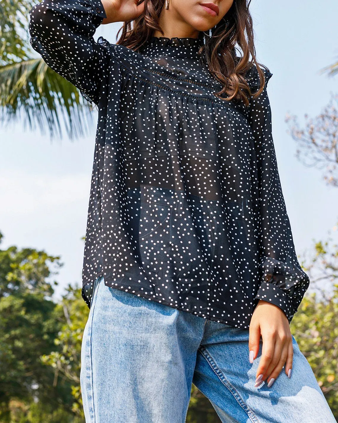Magical Spot Polka Dot Print Chiffon Pleated Top - Black
