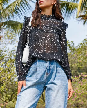 Magical Spot Polka Dot Print Chiffon Pleated Top - Black