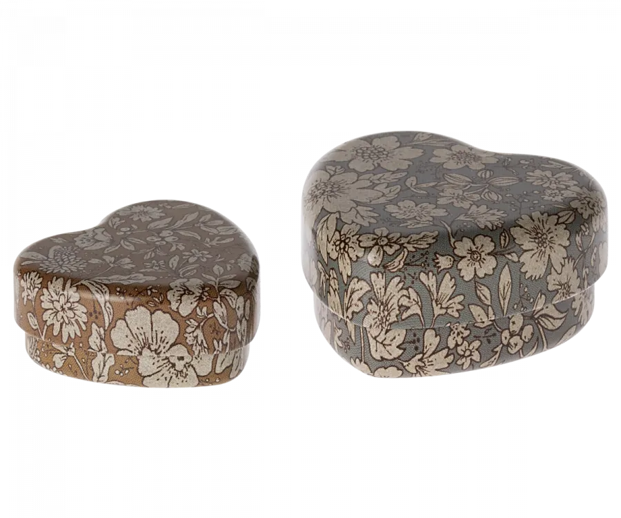Maileg Metal heart box, 2 pcs set - Blue/Ocher blossom