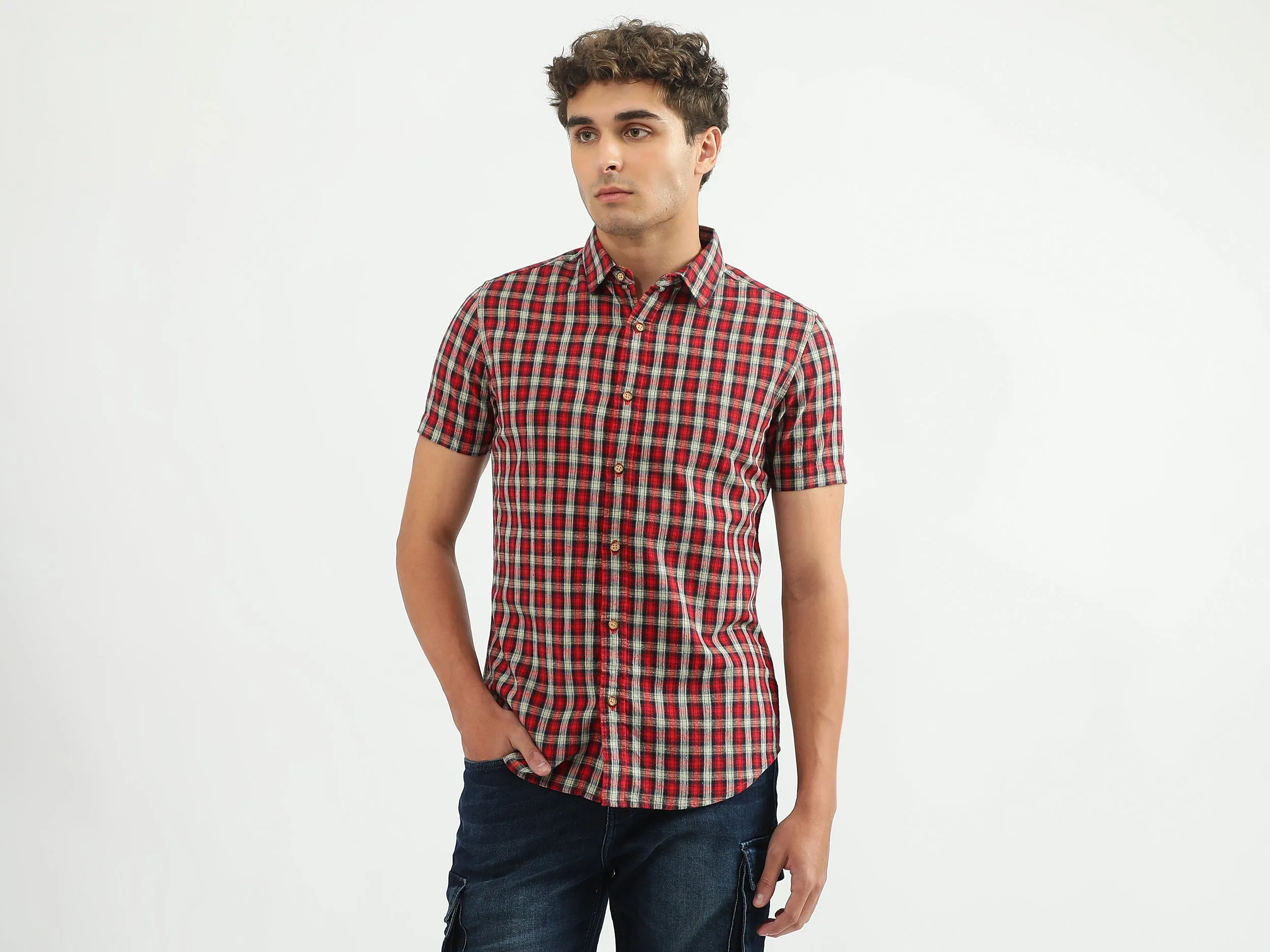 Men Checked Spread Collar Shirt