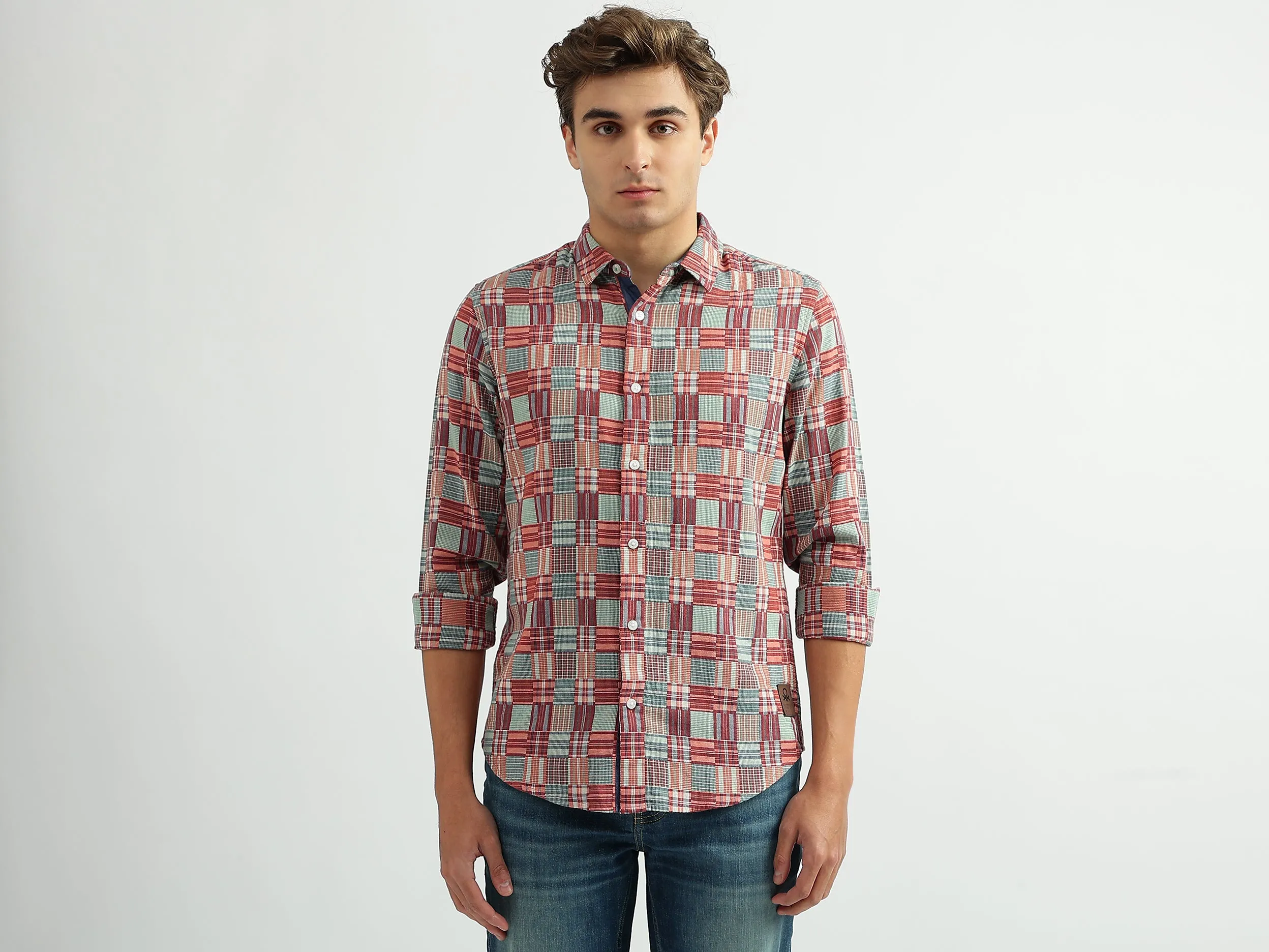 Men Checked Spread Collar Shirt