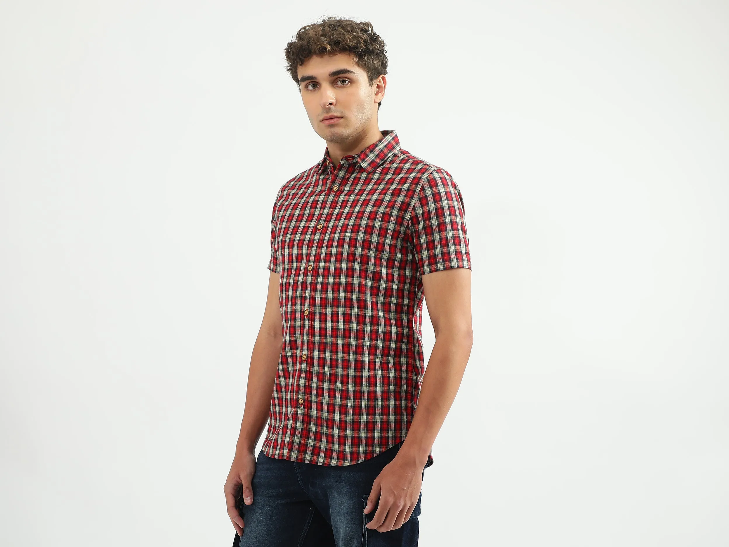 Men Checked Spread Collar Shirt