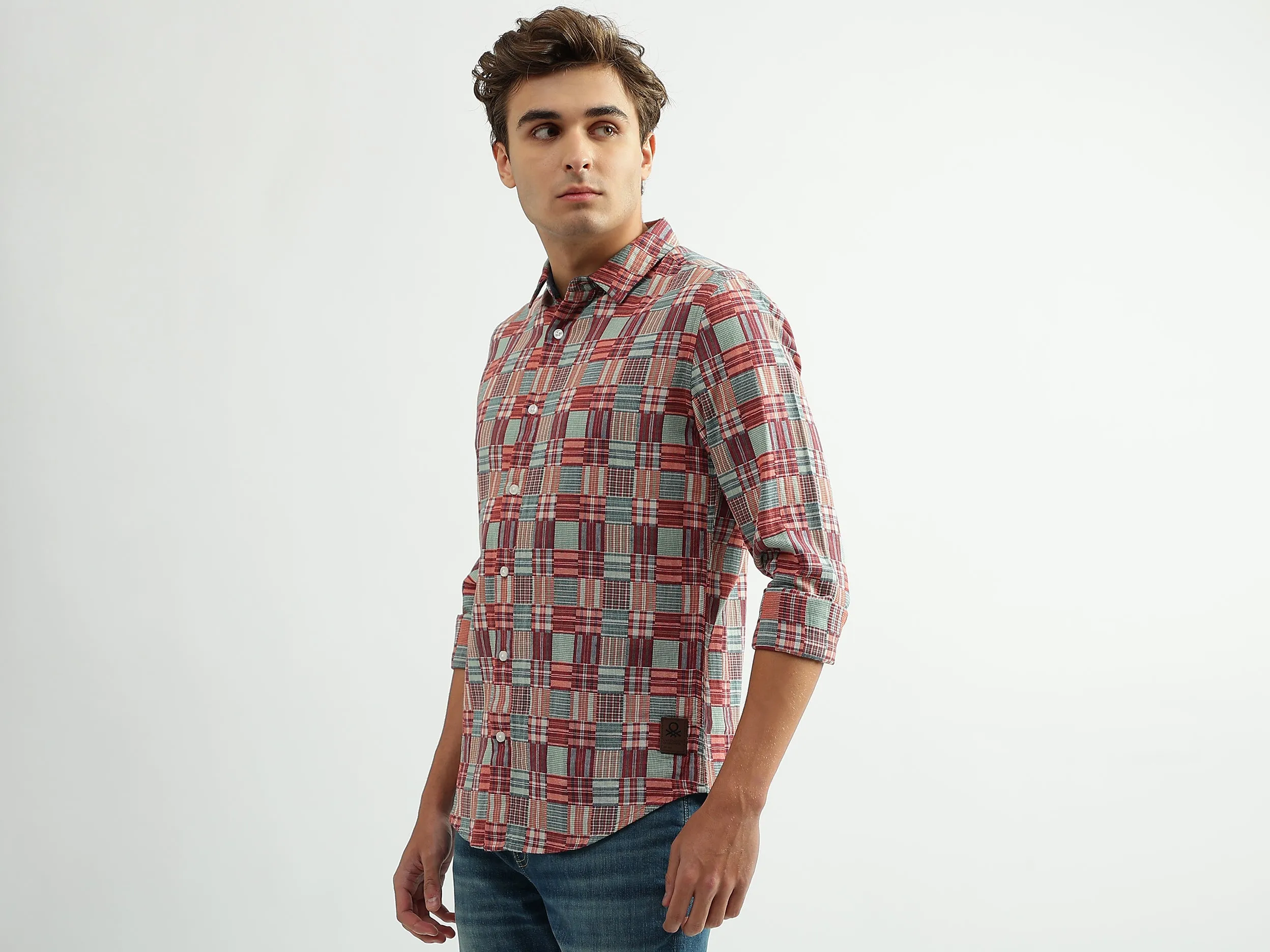 Men Checked Spread Collar Shirt