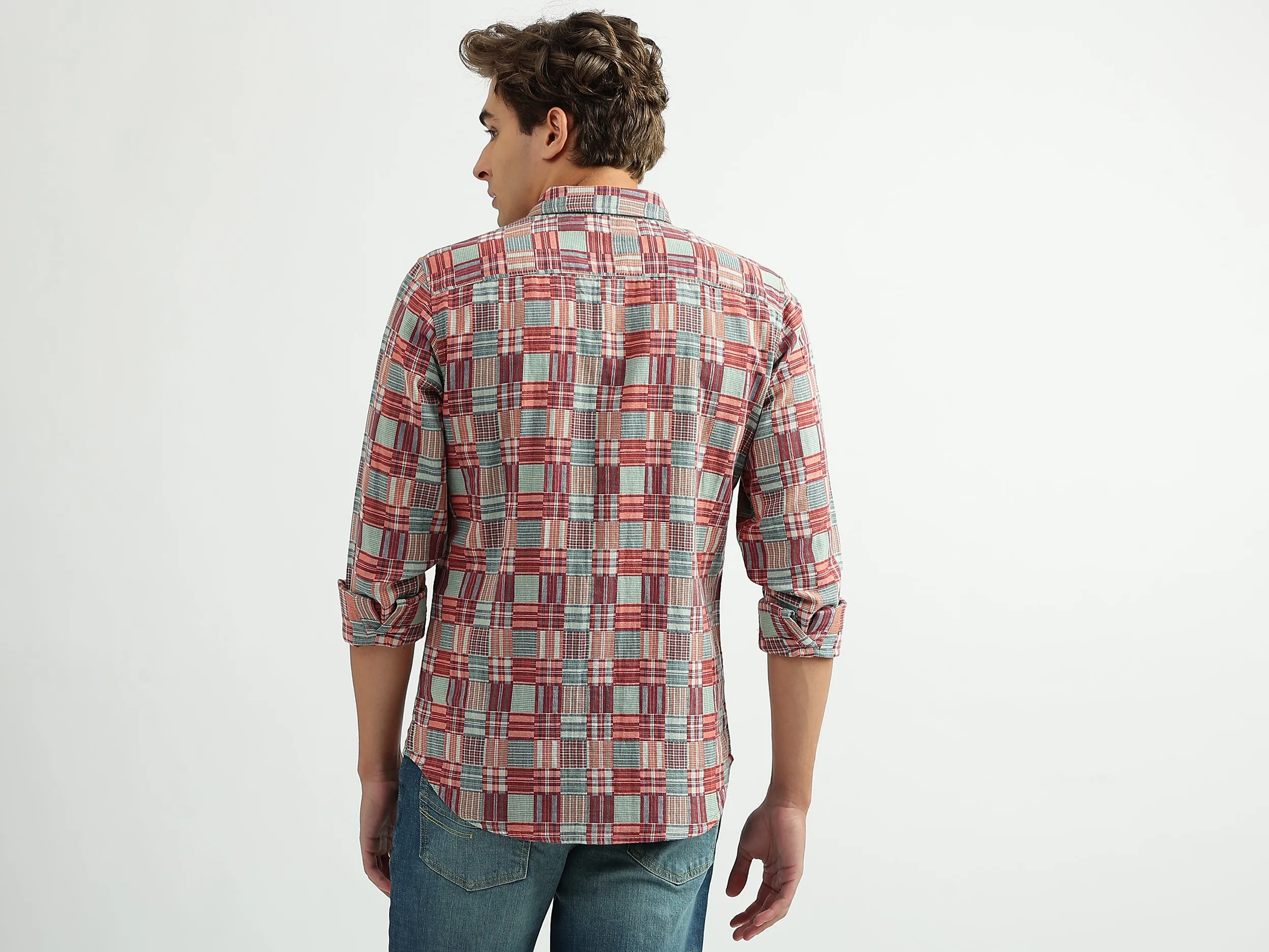 Men Checked Spread Collar Shirt
