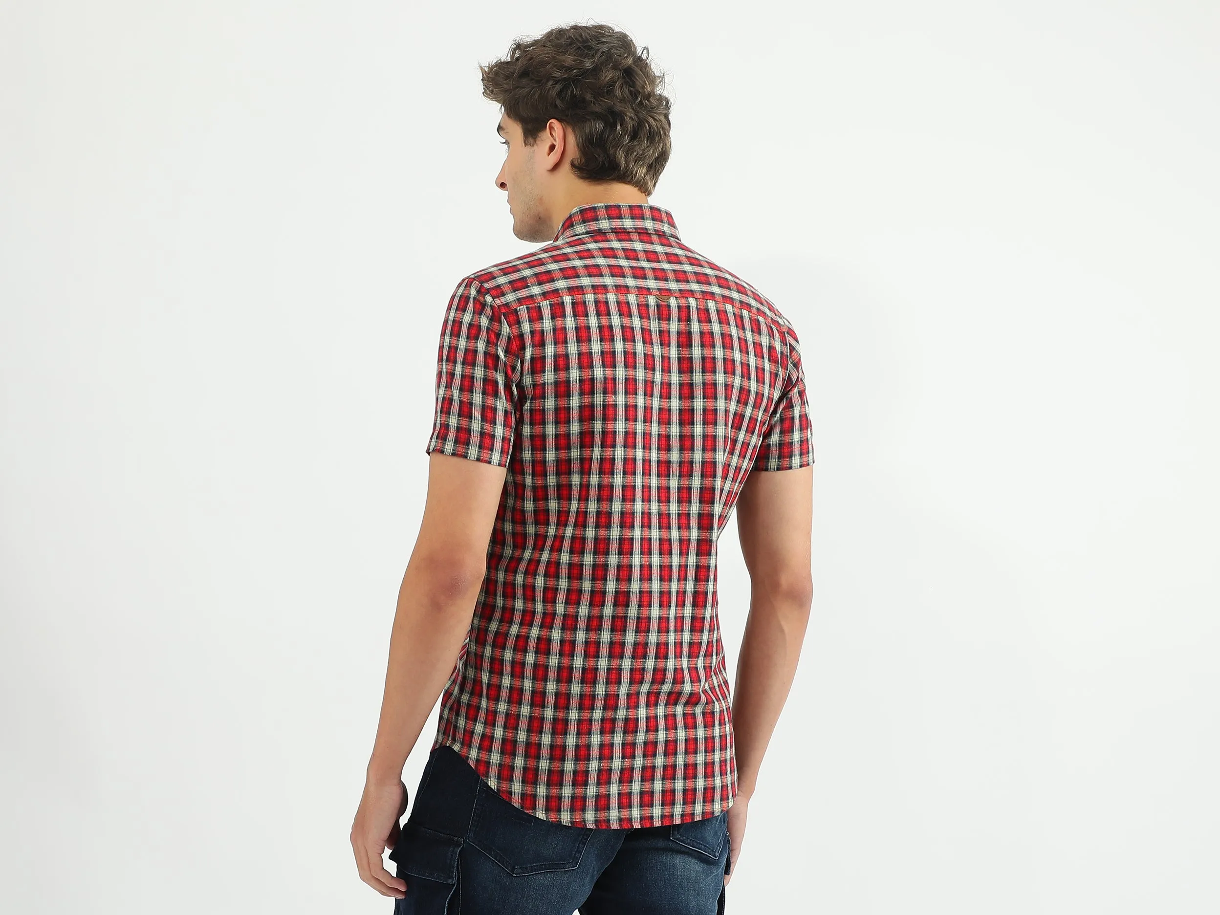 Men Checked Spread Collar Shirt