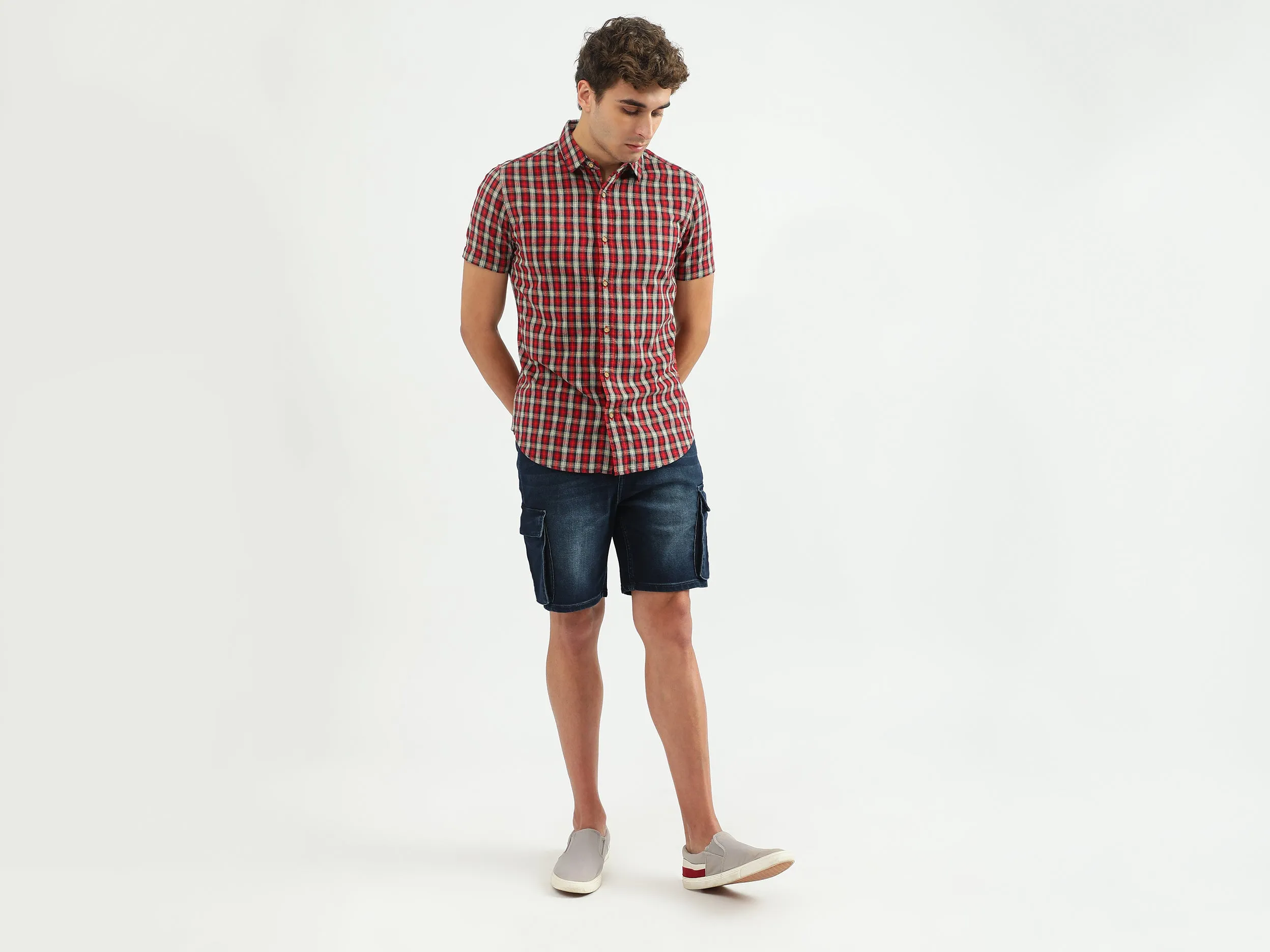 Men Checked Spread Collar Shirt