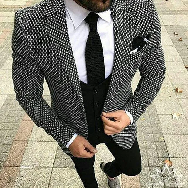 Men's Checkered Black Pattern 3 Piece Suit Up To 6XL(Jacket, Pants,Vest)