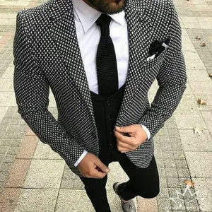 Men's Checkered Black Pattern 3 Piece Suit Up To 6XL(Jacket, Pants,Vest)