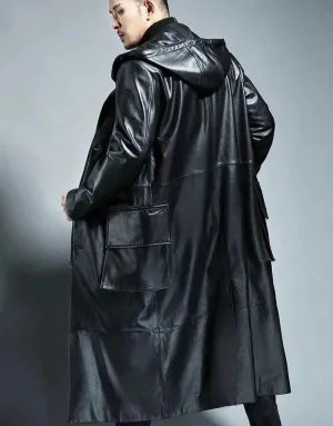 Men's Hooded Loose Leather Overcoat