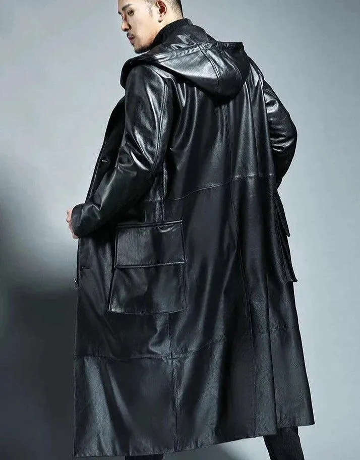 Men's Hooded Loose Leather Overcoat