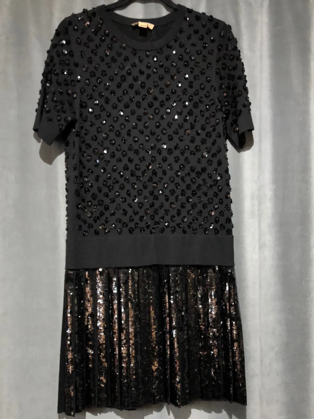 Michael Kors Collection Black Knit Short Sleeved Dress with Pleated Sequin Bottom