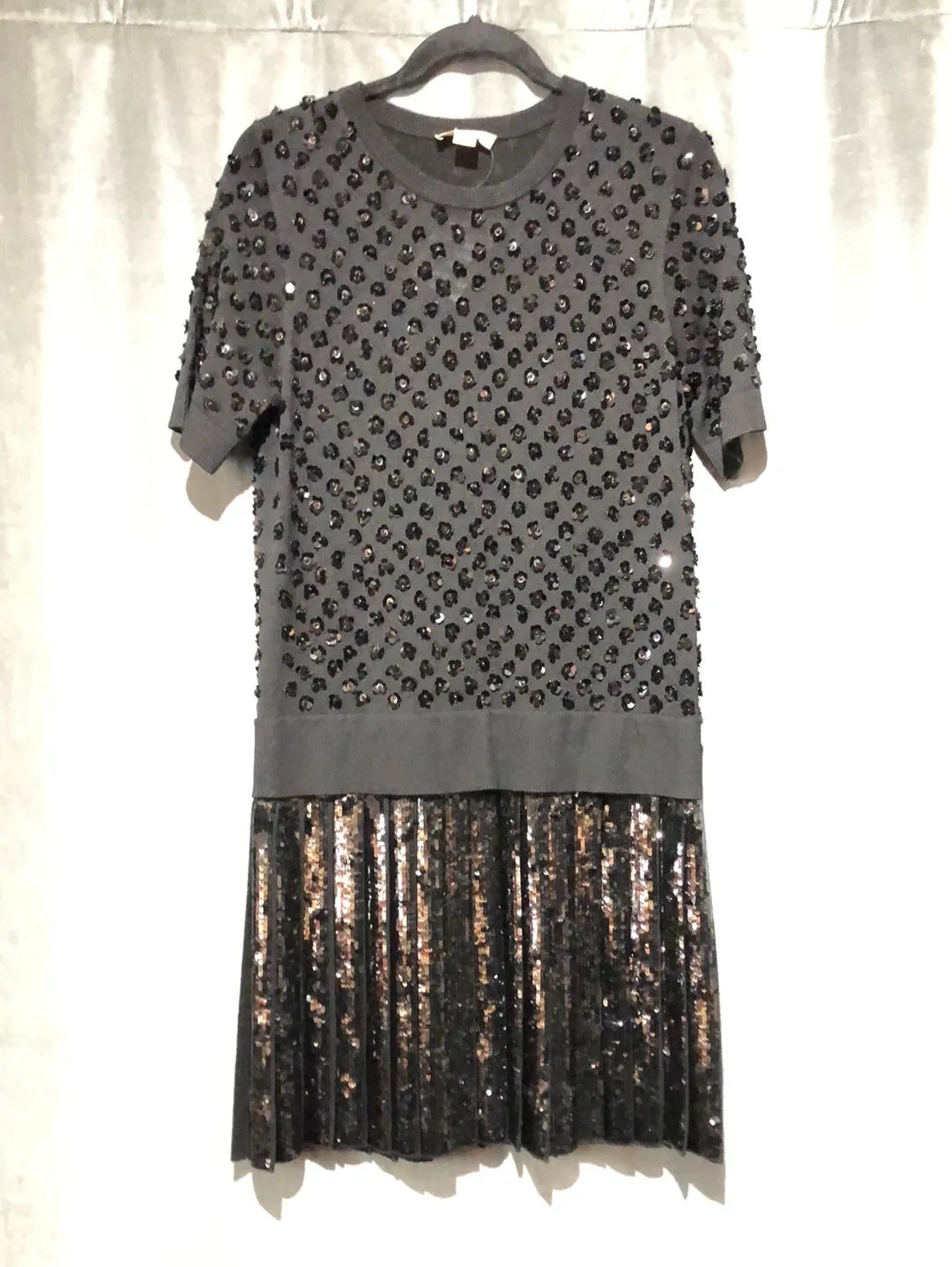 Michael Kors Collection Black Knit Short Sleeved Dress with Pleated Sequin Bottom