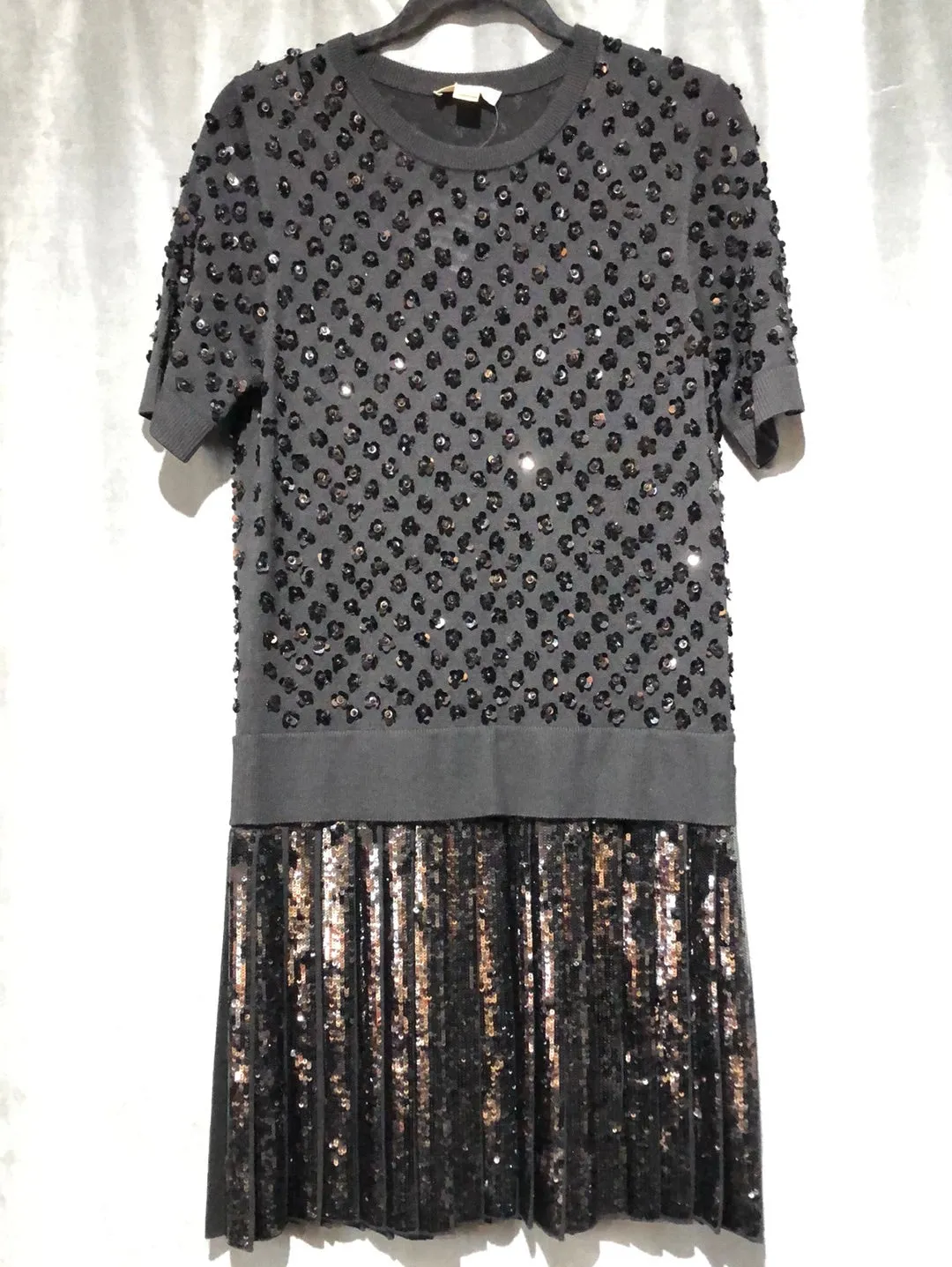 Michael Kors Collection Black Knit Short Sleeved Dress with Pleated Sequin Bottom