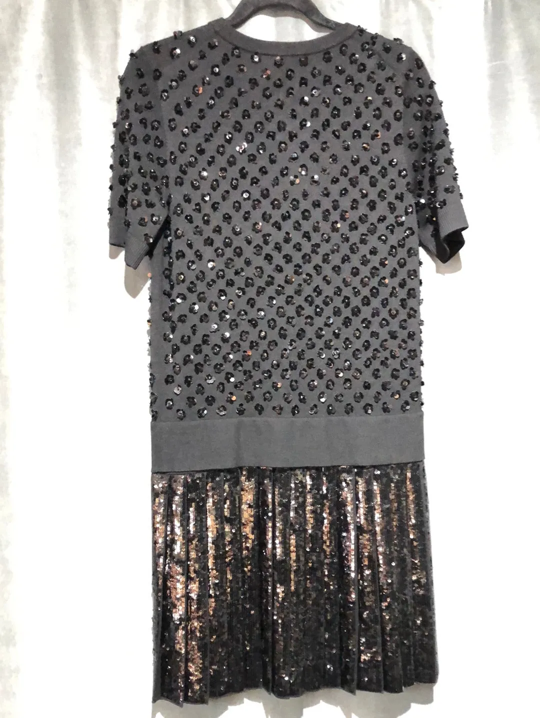 Michael Kors Collection Black Knit Short Sleeved Dress with Pleated Sequin Bottom
