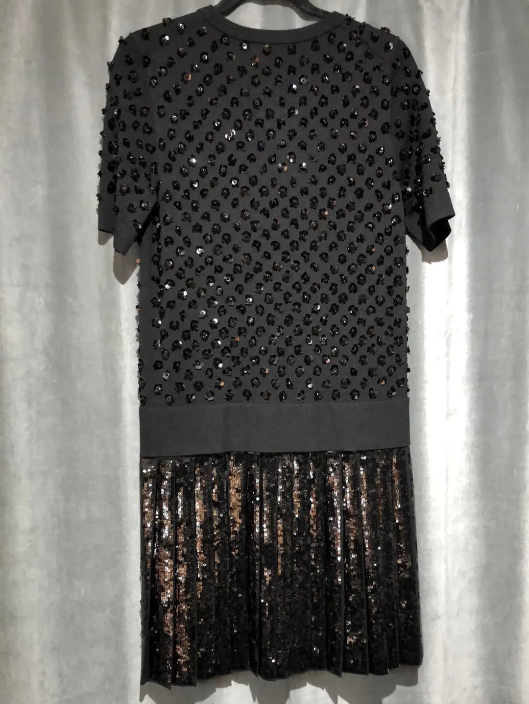 Michael Kors Collection Black Knit Short Sleeved Dress with Pleated Sequin Bottom