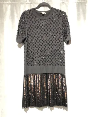 Michael Kors Collection Black Knit Short Sleeved Dress with Pleated Sequin Bottom