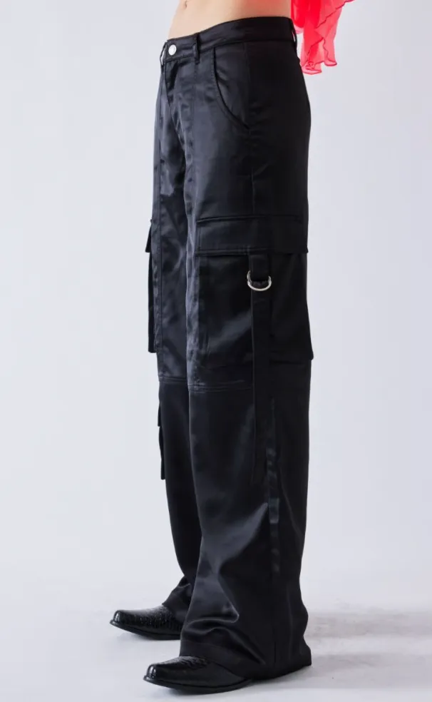 Mid Rise Satin Wide Leg Cargo Pants