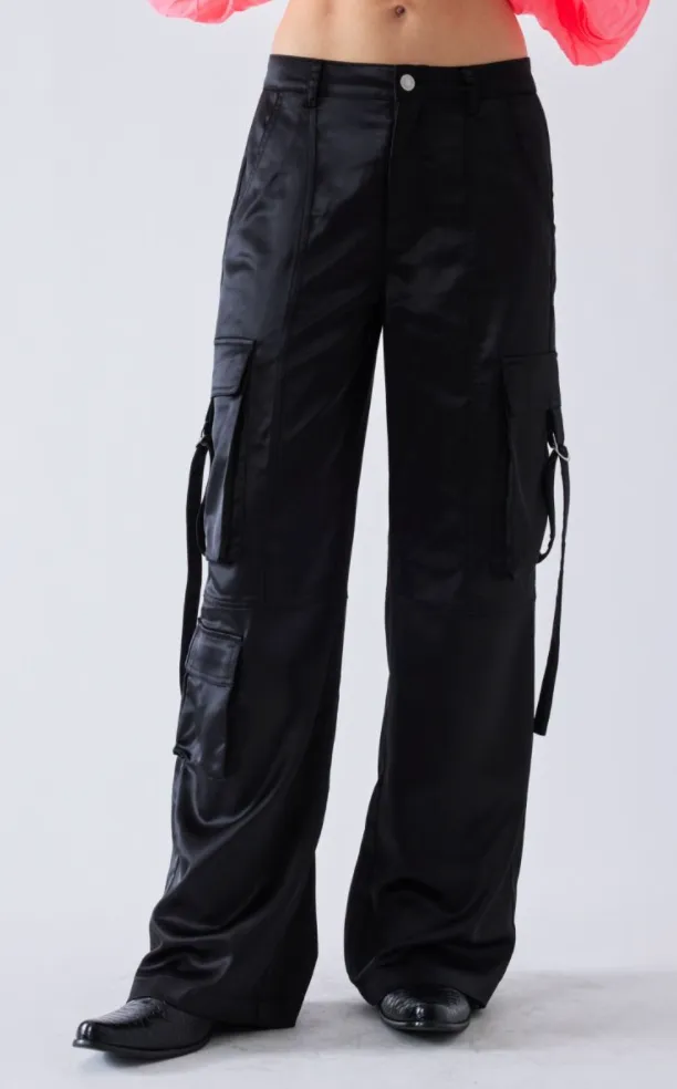 Mid Rise Satin Wide Leg Cargo Pants