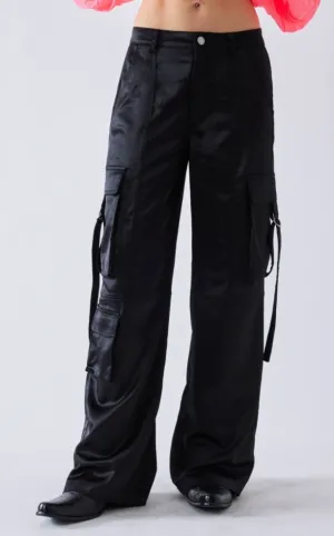 Mid Rise Satin Wide Leg Cargo Pants