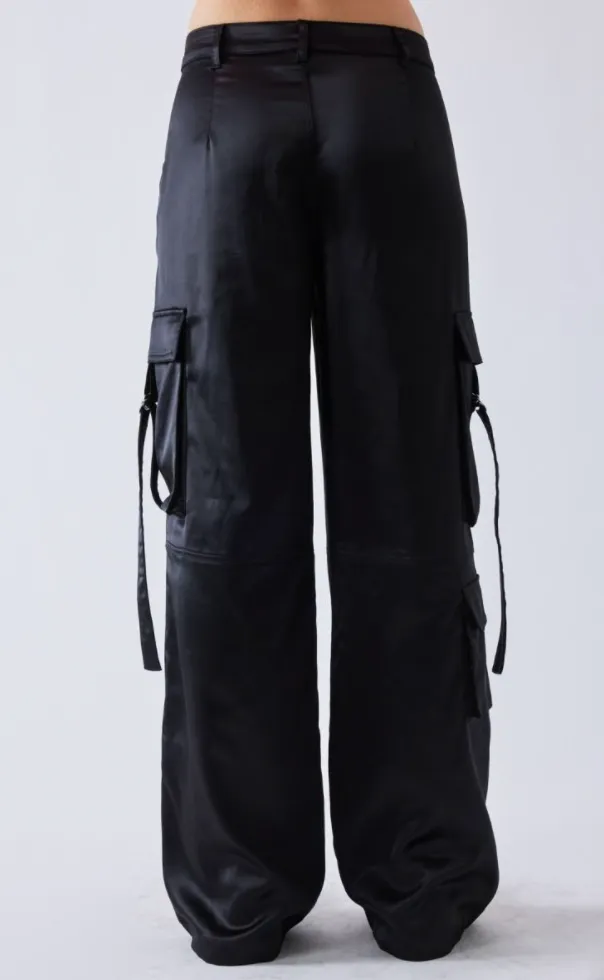 Mid Rise Satin Wide Leg Cargo Pants