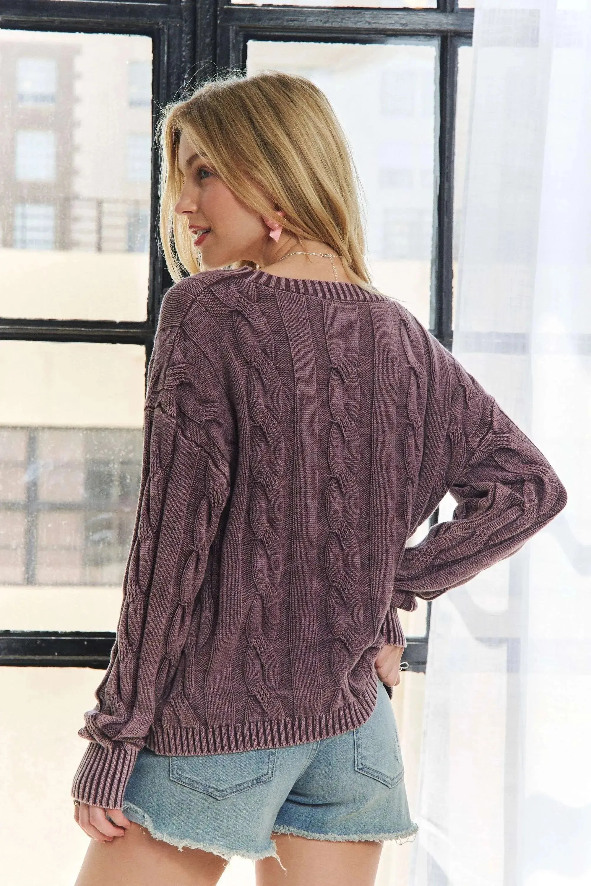 Mineral Washed Cable Knit Plum Sweater Top – Vintage-Inspired Cozy Style