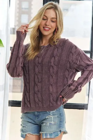 Mineral Washed Cable Knit Plum Sweater Top – Vintage-Inspired Cozy Style