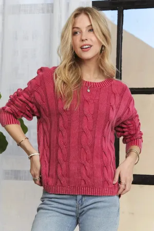 Mineral Washed Cable Knit Red Sweater Top – Vintage-Inspired Cozy Style