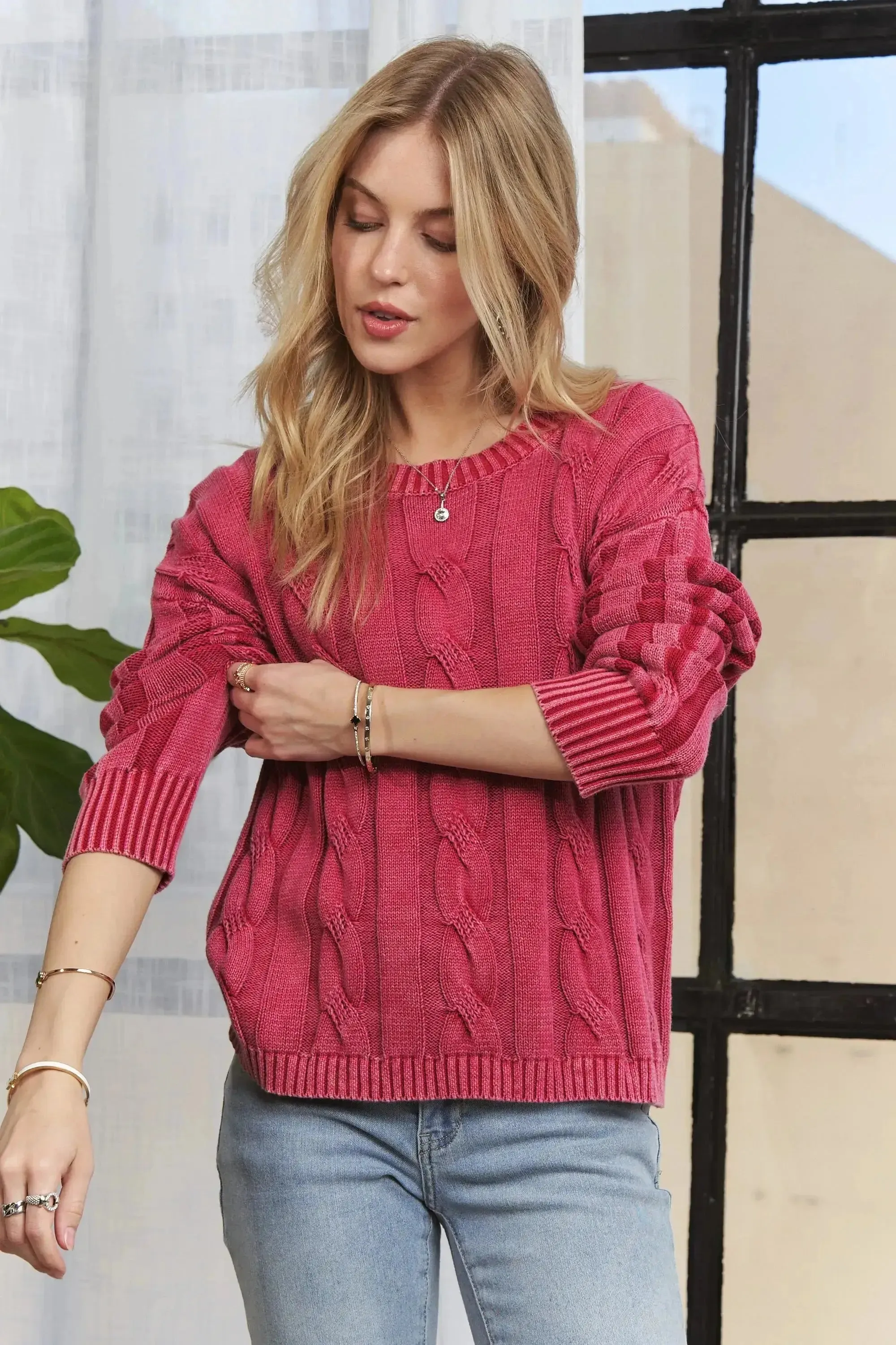 Mineral Washed Cable Knit Red Sweater Top – Vintage-Inspired Cozy Style