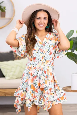 Mint and Orange Multicolor Floral Print Dress