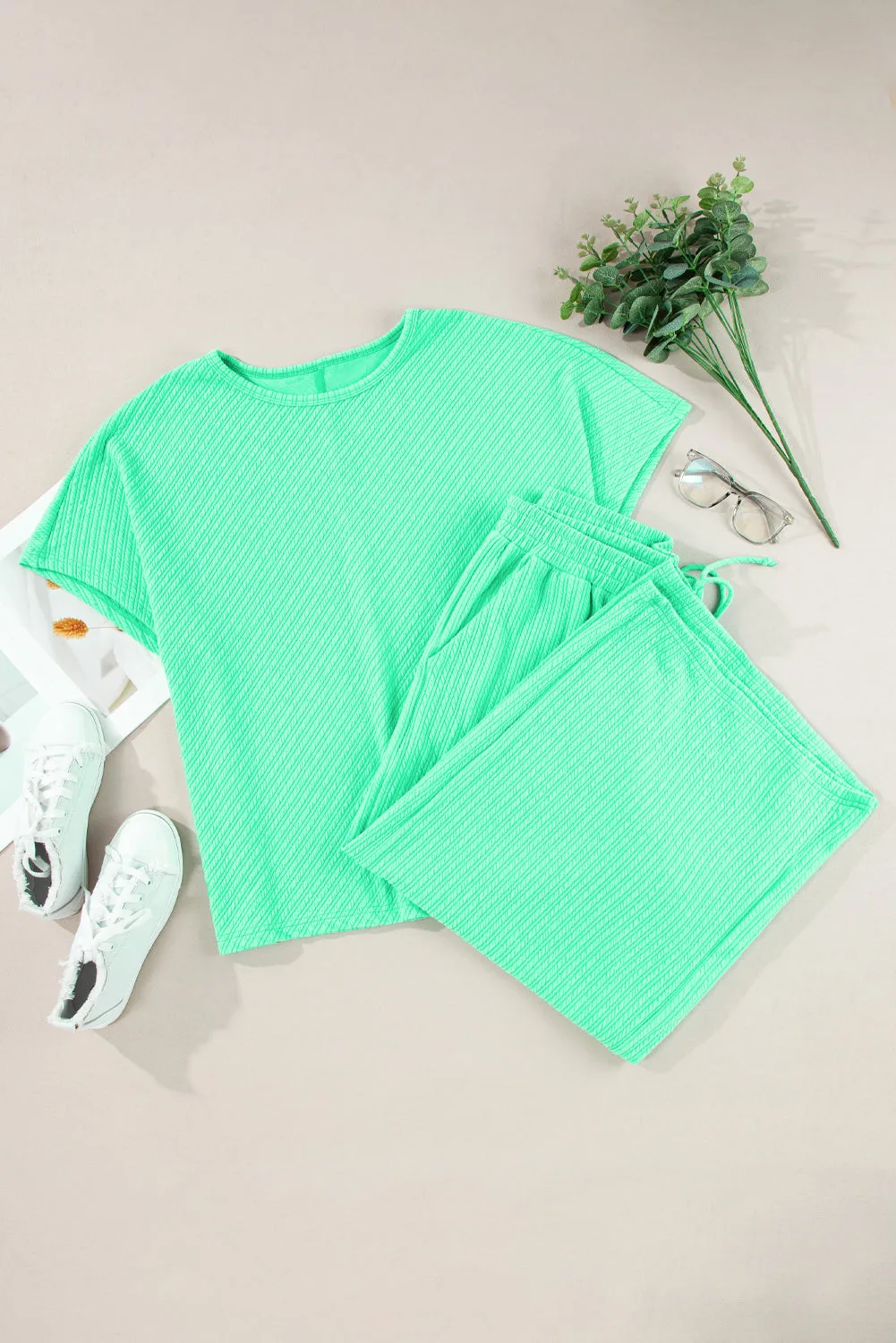 Mint Green Textured Batwing Sleeve Tee Wide Leg Pants Plus Size Set
