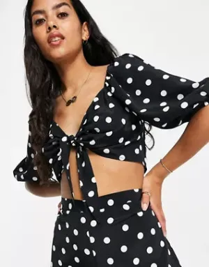Miss Selfridge tie front crop top in mono spot