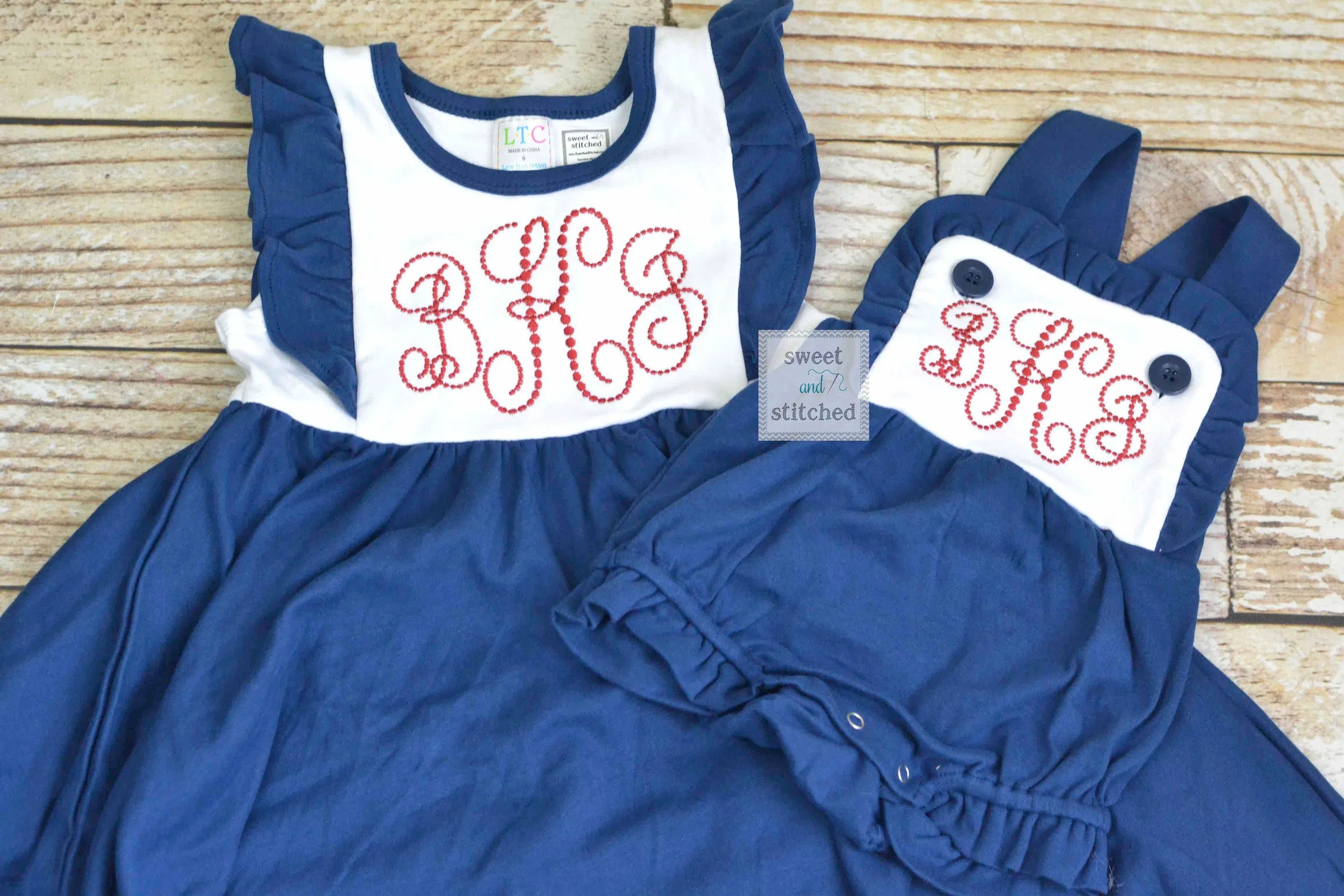Monogrammed baby girl ruffle bubble in color block navy and white with red monogram, 4th of july sibling outfits, 4th of july dress