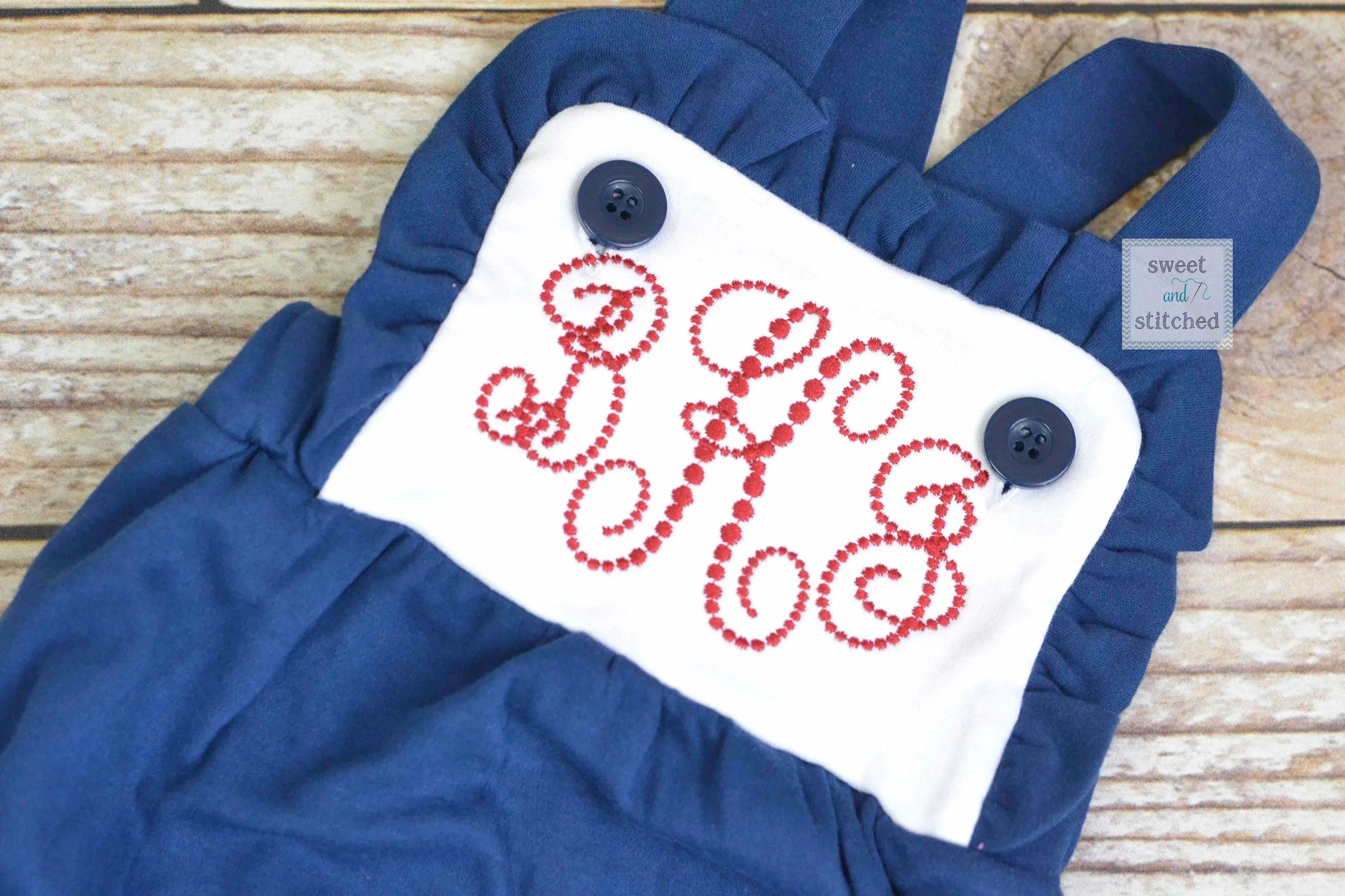 Monogrammed baby girl ruffle bubble in color block navy and white with red monogram, 4th of july sibling outfits, 4th of july dress