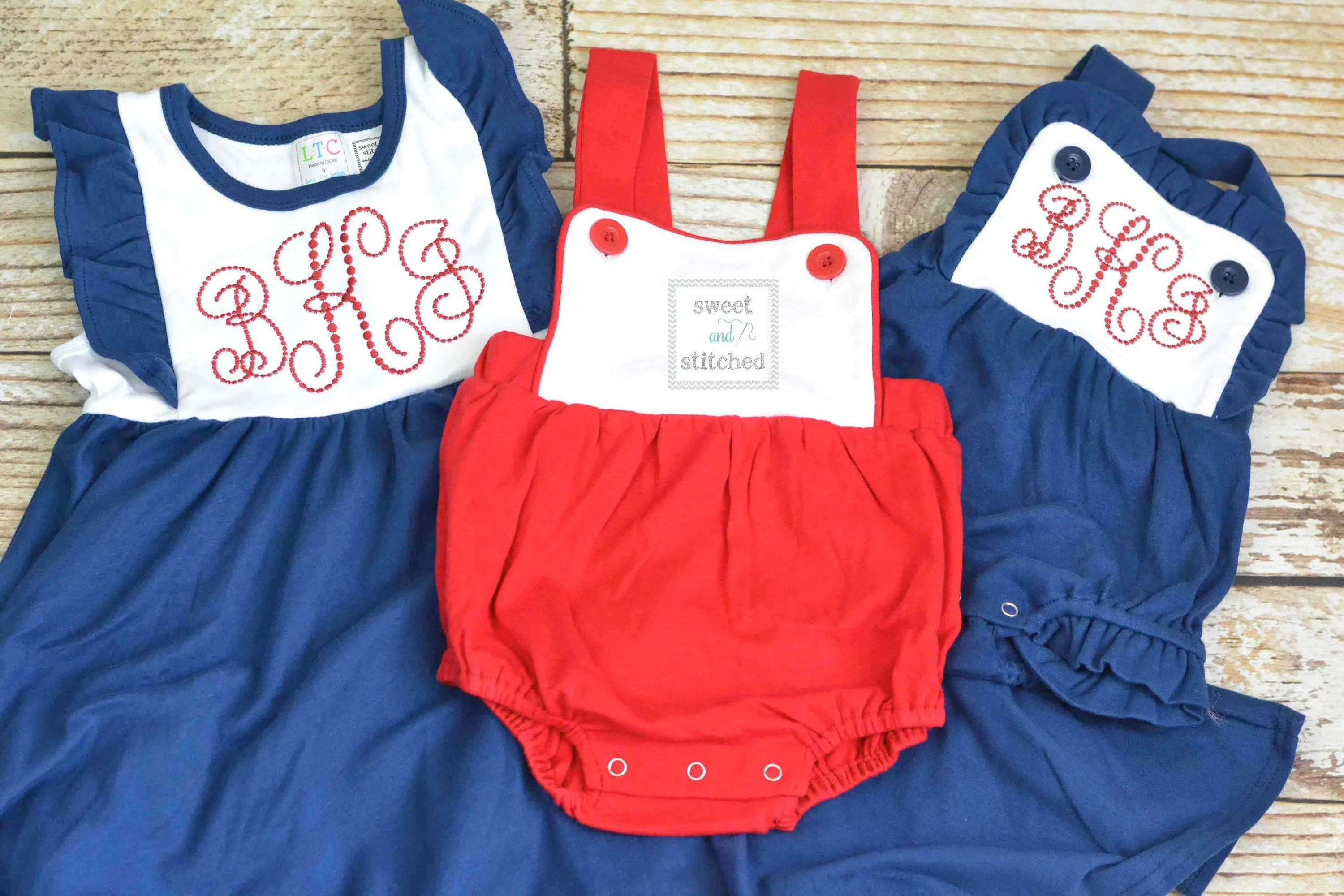 Monogrammed baby girl ruffle bubble in color block navy and white with red monogram, 4th of july sibling outfits, 4th of july dress
