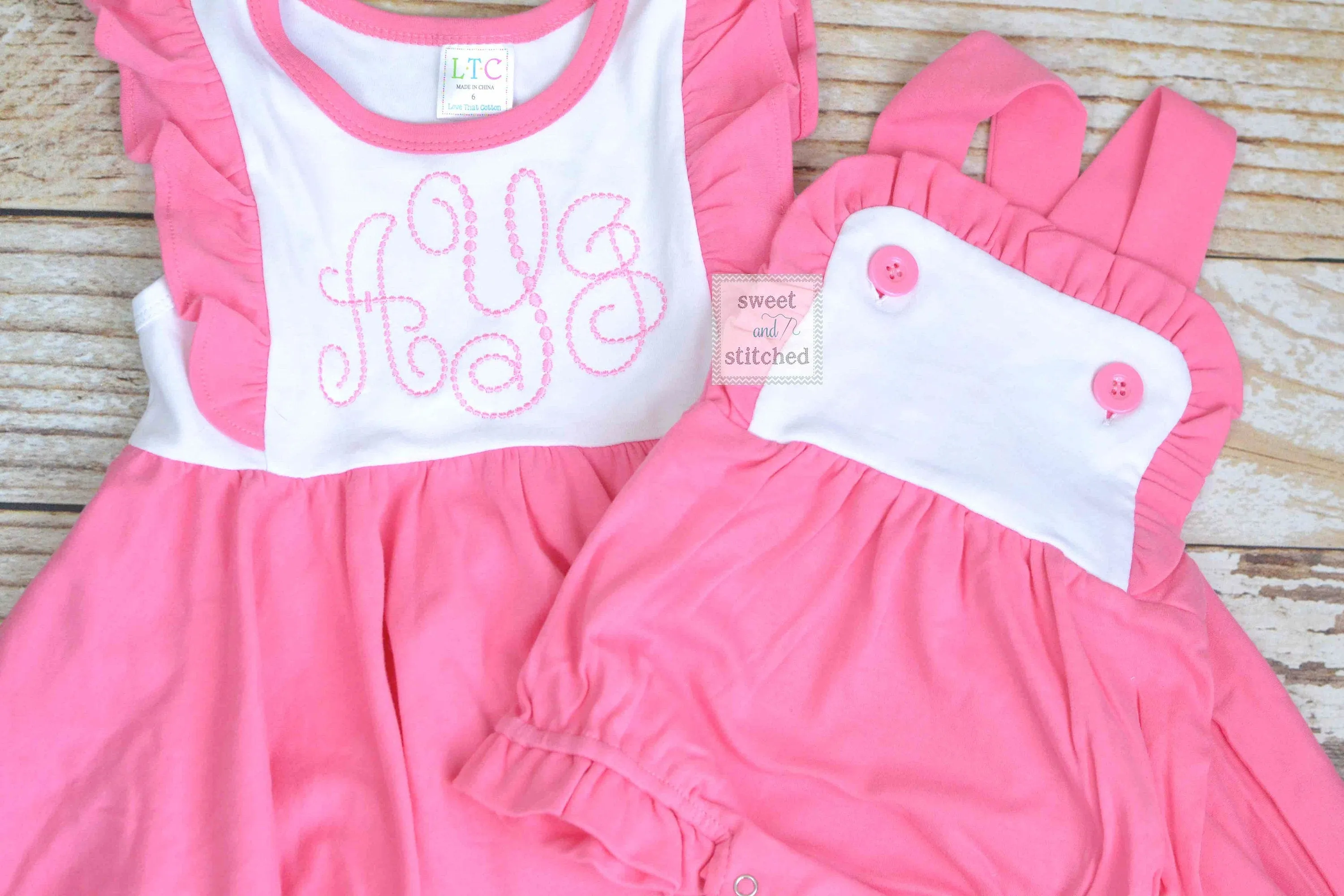 Monogrammed baby girl ruffle bubble in color block pink and white, baby girl sunsuit, personalized big sister little sister outfits