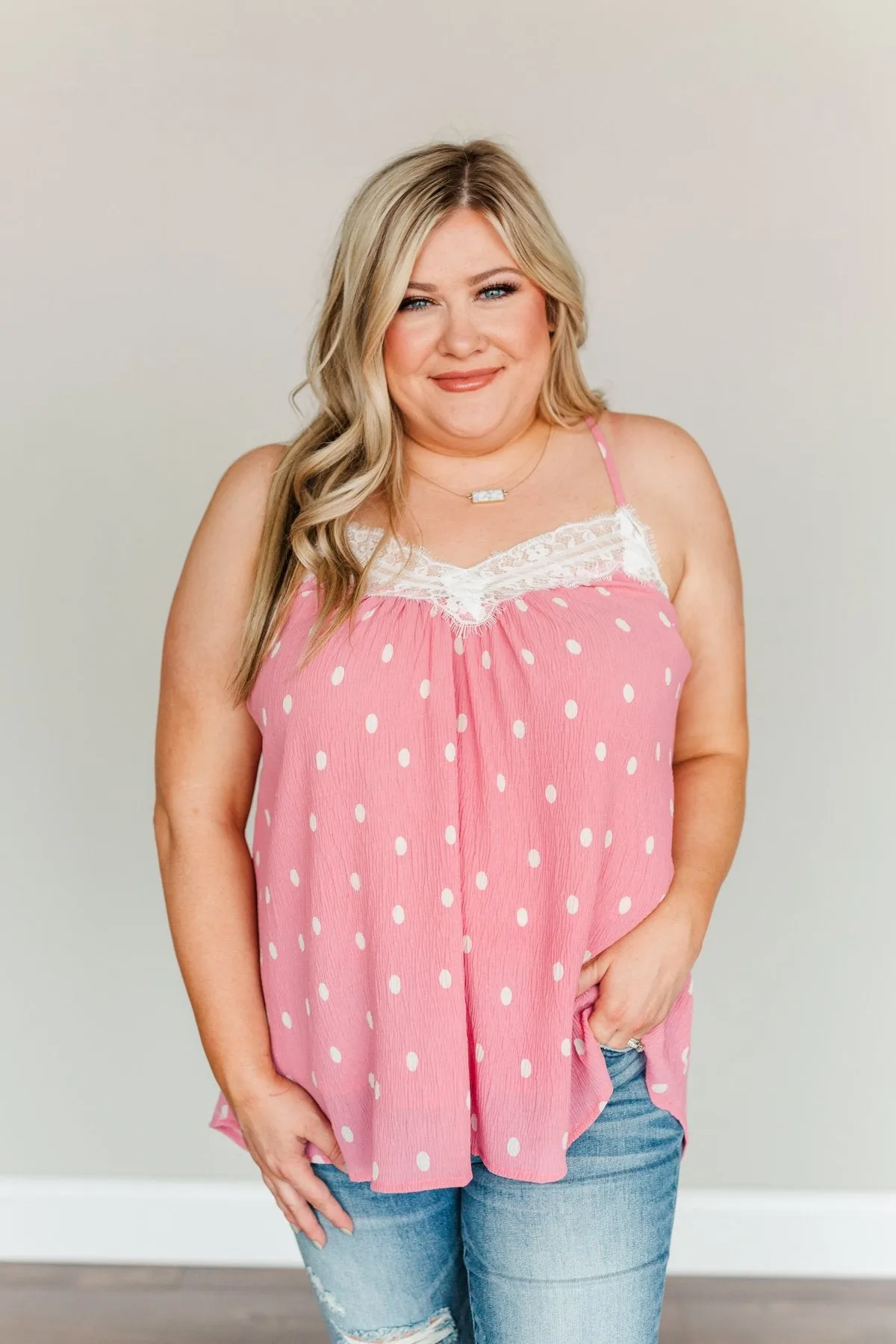 Morning Melodies Polka-Dot Tank Top- Pink & Off-White