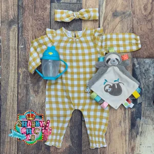 Mud Pie Toddler Girls Mustard and White Gingham Long Sleeve Bodysuit and Headband