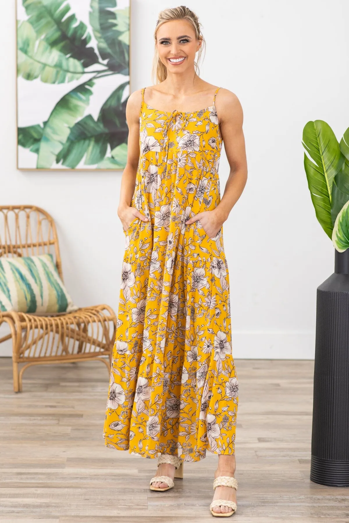 Mustard Floral Print Maxi Dress