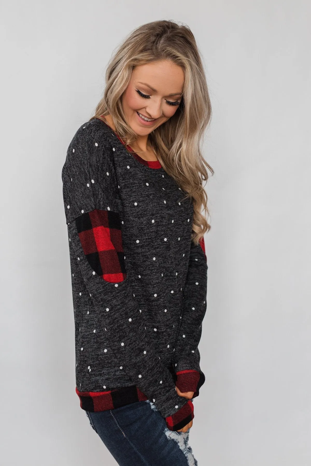 My Story Polka Dot & Buffalo Plaid Top- Charcoal