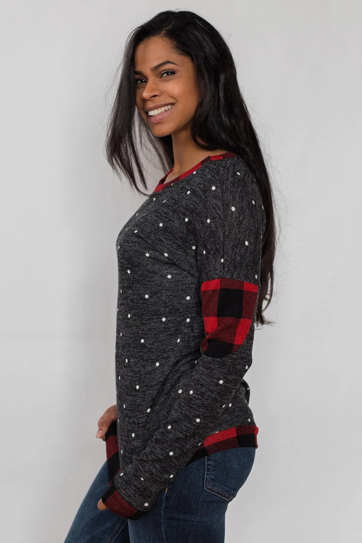 My Story Polka Dot & Buffalo Plaid Top- Charcoal