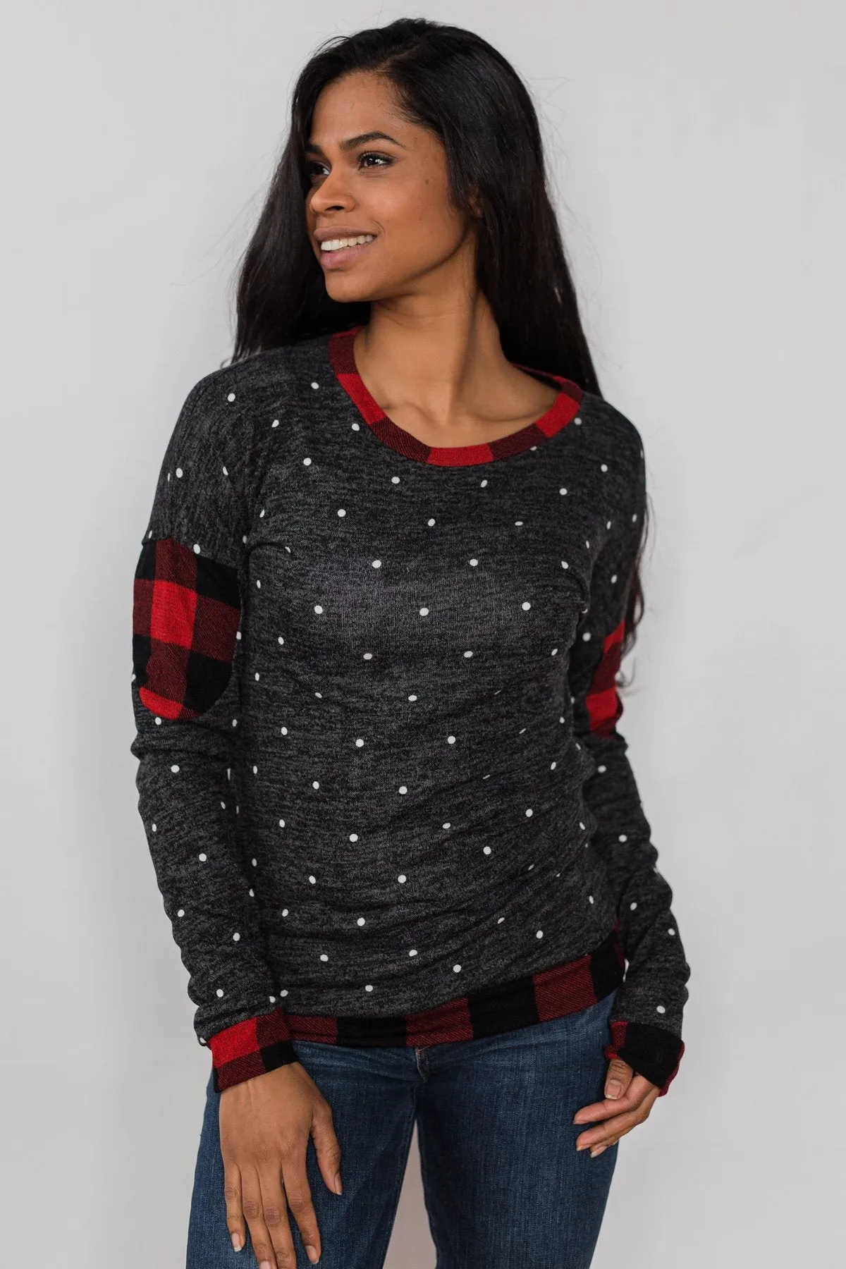My Story Polka Dot & Buffalo Plaid Top- Charcoal