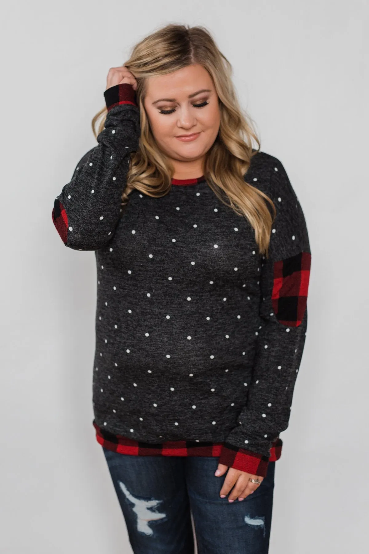 My Story Polka Dot & Buffalo Plaid Top- Charcoal