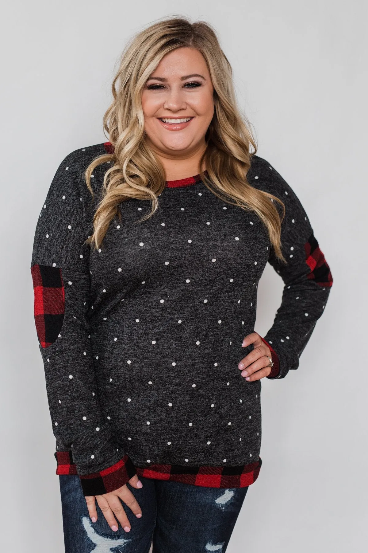 My Story Polka Dot & Buffalo Plaid Top- Charcoal