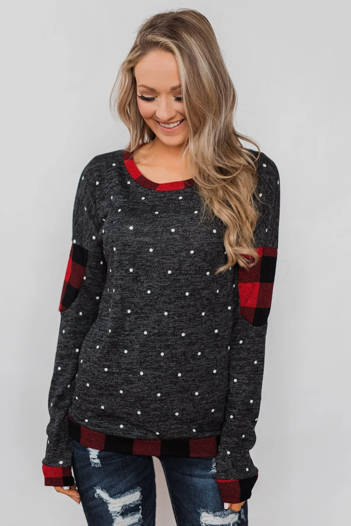 My Story Polka Dot & Buffalo Plaid Top- Charcoal