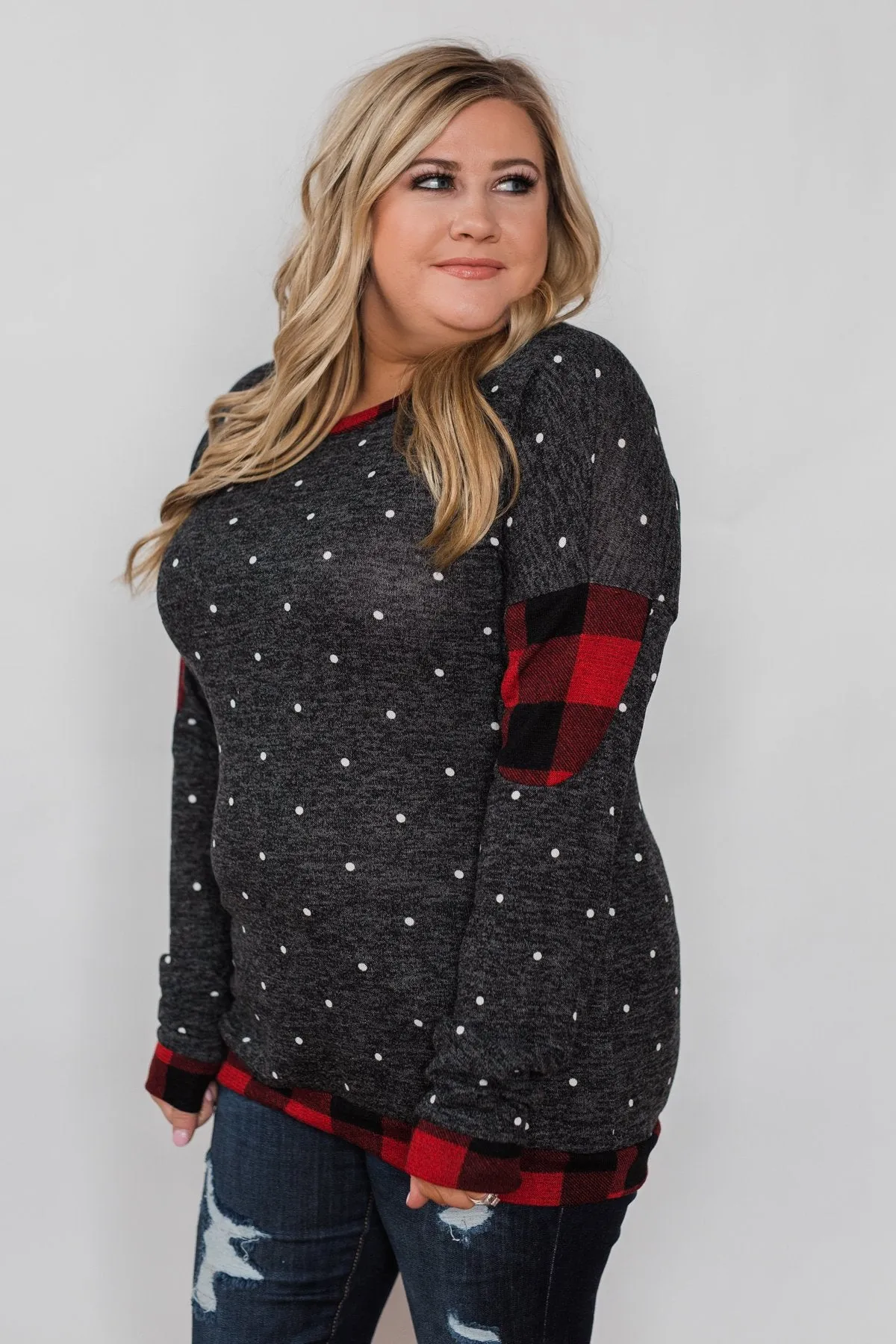 My Story Polka Dot & Buffalo Plaid Top- Charcoal