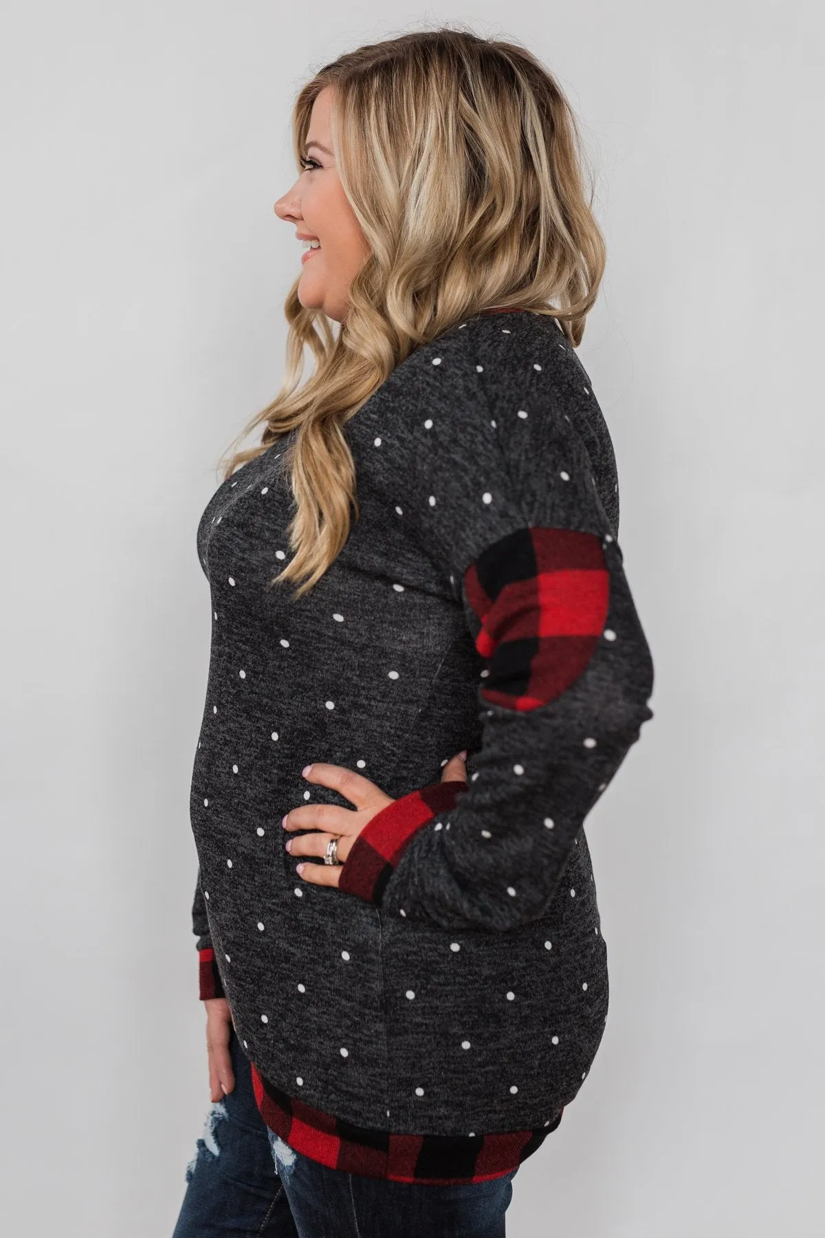 My Story Polka Dot & Buffalo Plaid Top- Charcoal