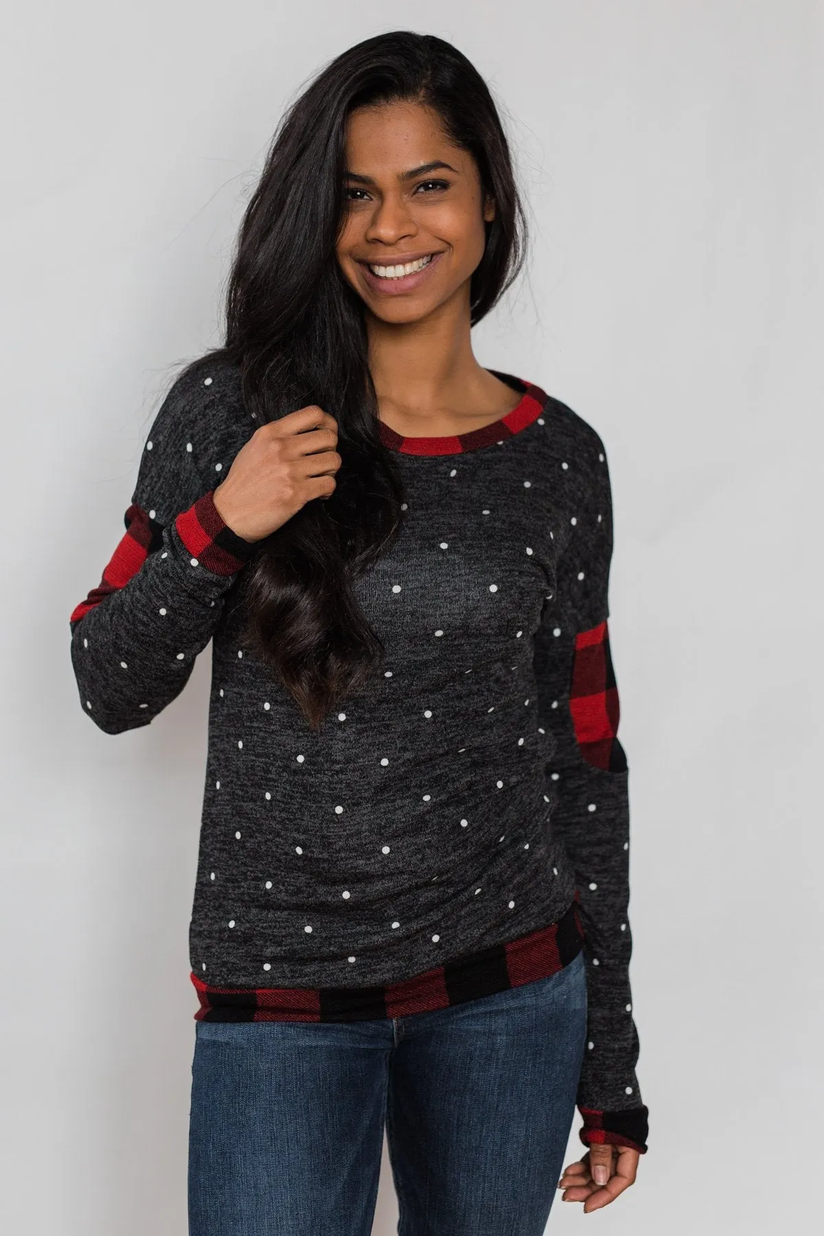 My Story Polka Dot & Buffalo Plaid Top- Charcoal