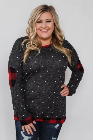 My Story Polka Dot & Buffalo Plaid Top- Charcoal