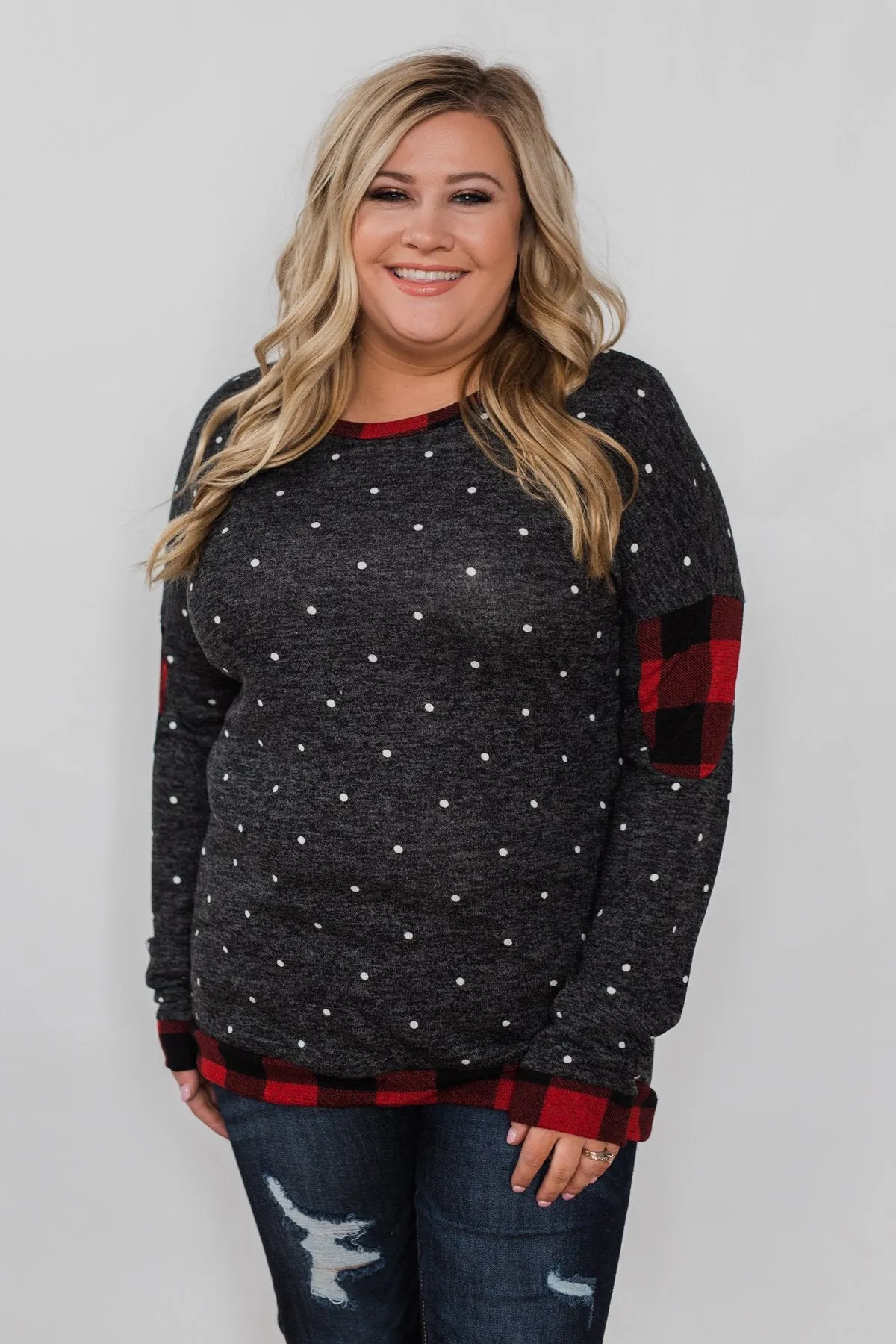 My Story Polka Dot & Buffalo Plaid Top- Charcoal
